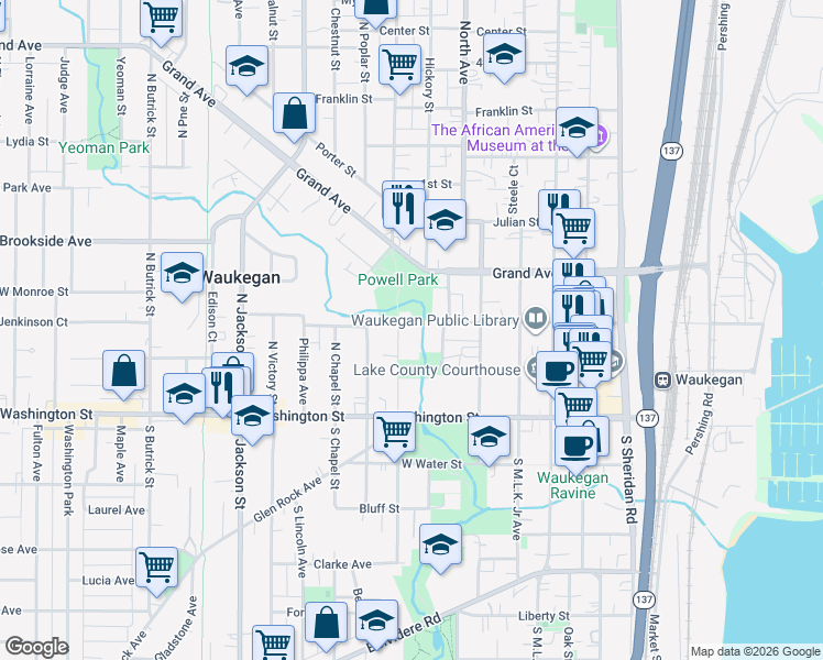 map of restaurants, bars, coffee shops, grocery stores, and more near 111 North Park Avenue in Waukegan