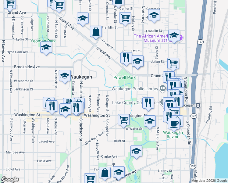 map of restaurants, bars, coffee shops, grocery stores, and more near 108 North Saint James Street in Waukegan