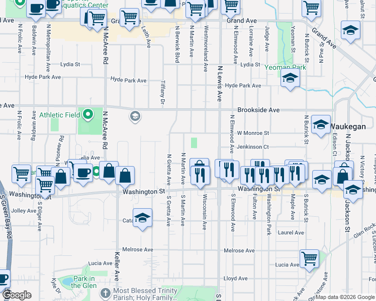 map of restaurants, bars, coffee shops, grocery stores, and more near 105 North Martin Avenue in Waukegan