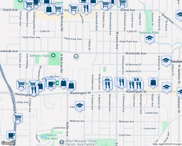map of restaurants, bars, coffee shops, grocery stores, and more near 105 North Orchard Avenue in Waukegan