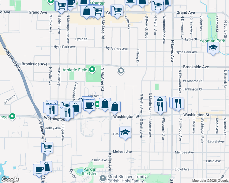 map of restaurants, bars, coffee shops, grocery stores, and more near 2541 Dunlay Court in Waukegan