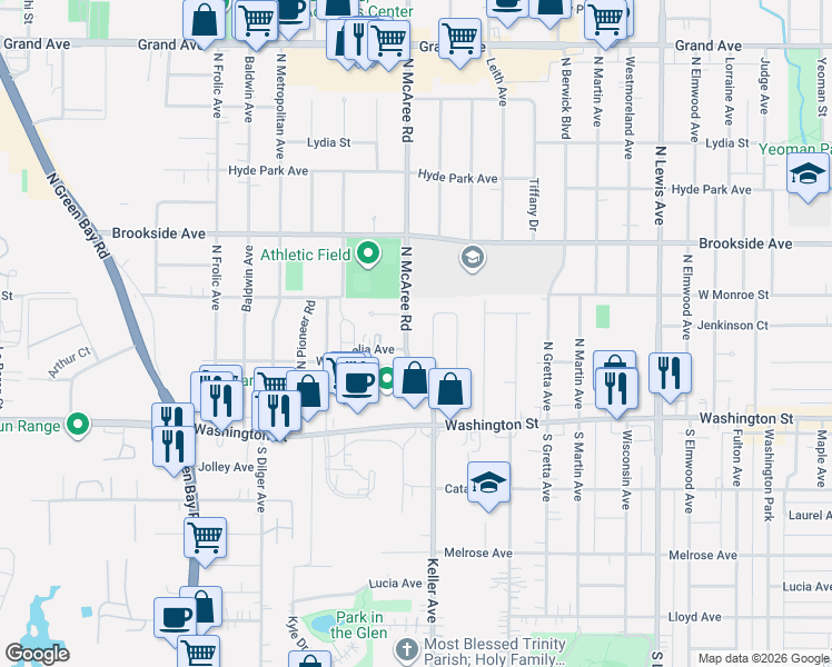 map of restaurants, bars, coffee shops, grocery stores, and more near 100 North McAree Road in Waukegan