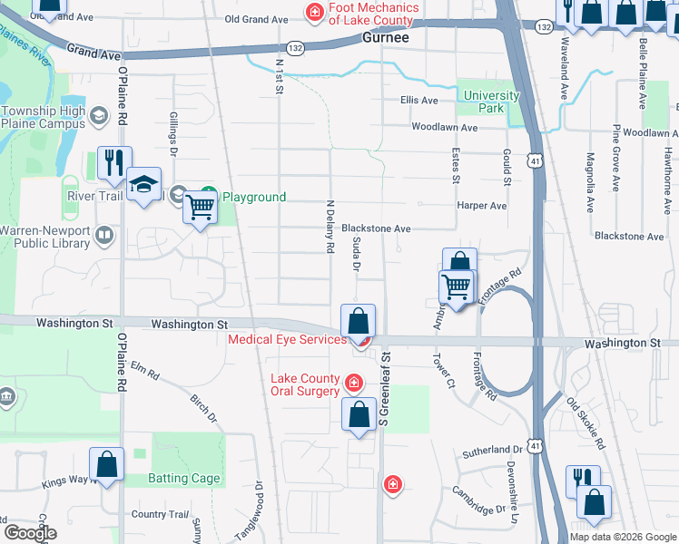 map of restaurants, bars, coffee shops, grocery stores, and more near 145 North Delany Road in Gurnee