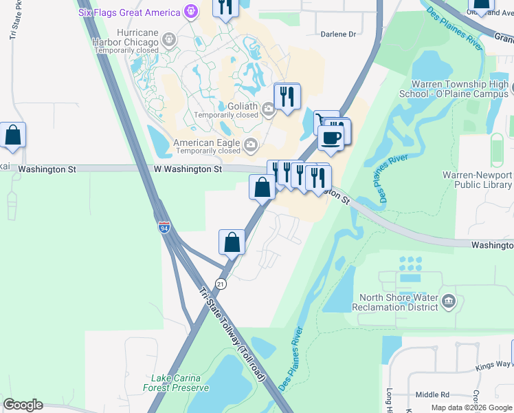 map of restaurants, bars, coffee shops, grocery stores, and more near 189 Woodlake Boulevard in Gurnee