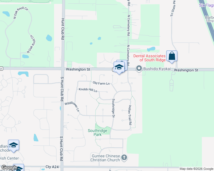 map of restaurants, bars, coffee shops, grocery stores, and more near 132 Knobb Hill Lane in Gurnee