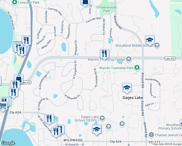 map of restaurants, bars, coffee shops, grocery stores, and more near 18189 West Old Pine Court in Gurnee