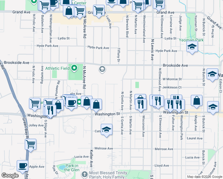 map of restaurants, bars, coffee shops, grocery stores, and more near 105 North Orchard Avenue in Waukegan