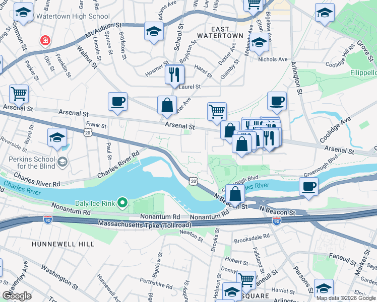 map of restaurants, bars, coffee shops, grocery stores, and more near 4 Kingsbury Avenue in Watertown