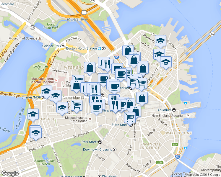 map of restaurants, bars, coffee shops, grocery stores, and more near 35 Hawkins Street in Boston