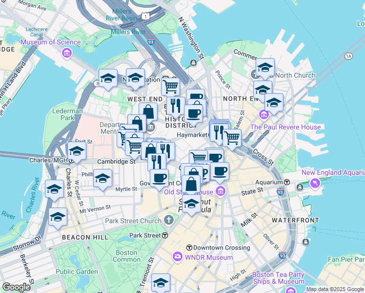 map of restaurants, bars, coffee shops, grocery stores, and more near 35 Hawkins Street in Boston