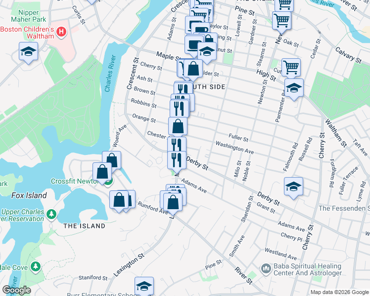 map of restaurants, bars, coffee shops, grocery stores, and more near 24 Derby Street in Waltham