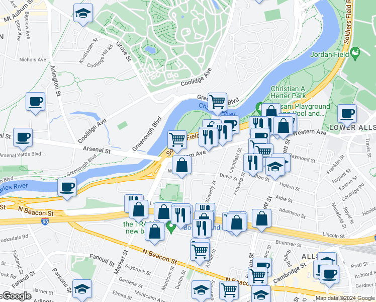 map of restaurants, bars, coffee shops, grocery stores, and more near 495 Western Avenue in Boston