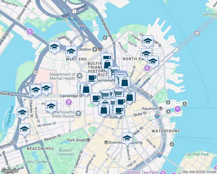 map of restaurants, bars, coffee shops, grocery stores, and more near 100 New Sudbury Street in Boston