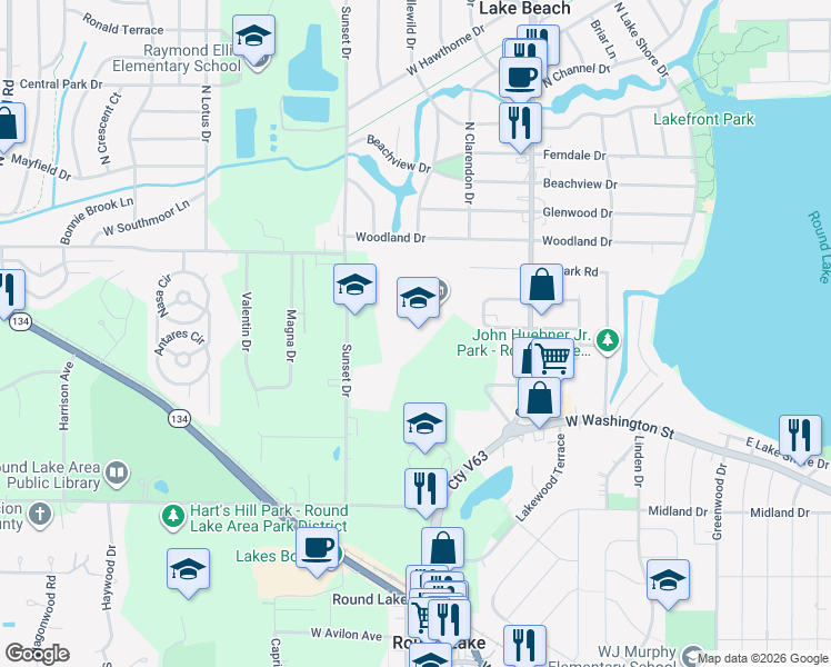 map of restaurants, bars, coffee shops, grocery stores, and more near 800 Panther Boulevard in Round Lake