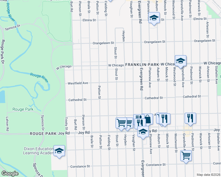 map of restaurants, bars, coffee shops, grocery stores, and more near 9216 Fielding Street in Detroit