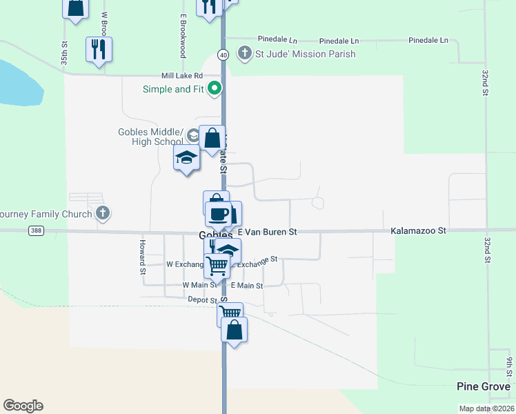 map of restaurants, bars, coffee shops, grocery stores, and more near 211 East Van Buren Street in Gobles