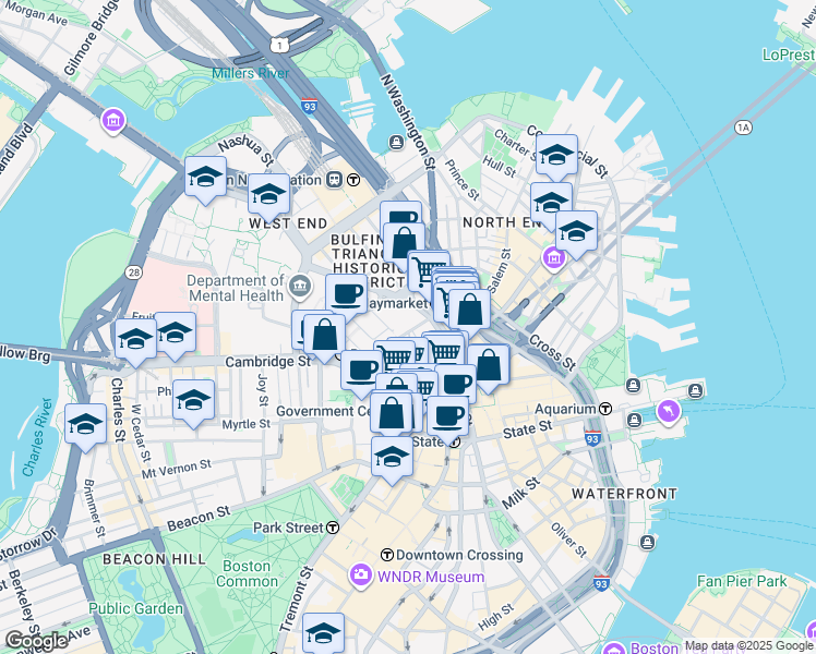 map of restaurants, bars, coffee shops, grocery stores, and more near 100 Sudbury Street in Boston