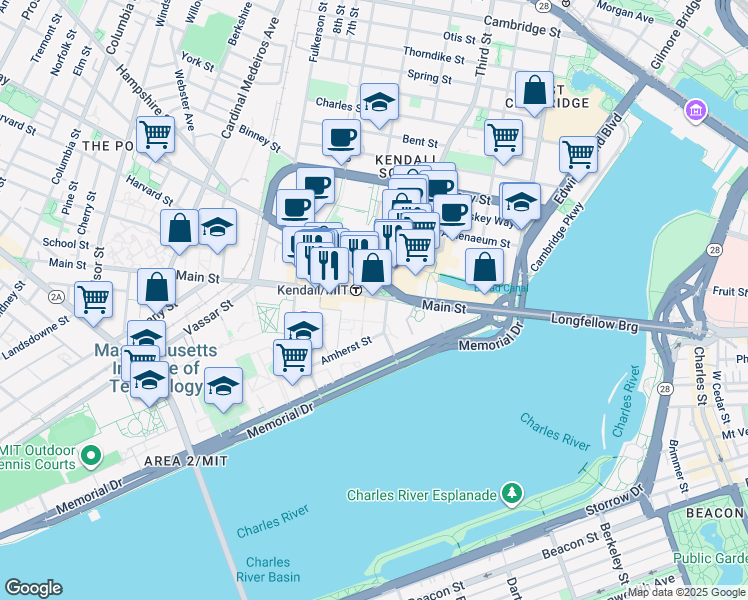 map of restaurants, bars, coffee shops, grocery stores, and more near 238 Main Street in Cambridge