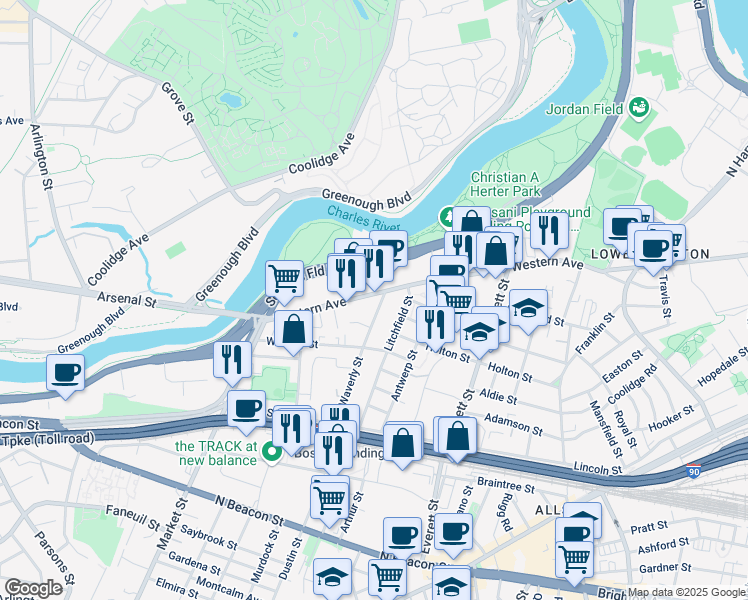 map of restaurants, bars, coffee shops, grocery stores, and more near 444 Western Avenue in Boston