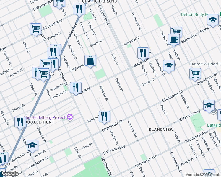 map of restaurants, bars, coffee shops, grocery stores, and more near 3209 Concord Avenue in Detroit