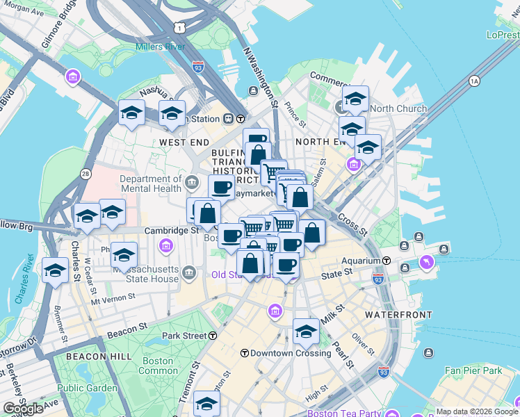 map of restaurants, bars, coffee shops, grocery stores, and more near 25 Sudbury Street in Boston