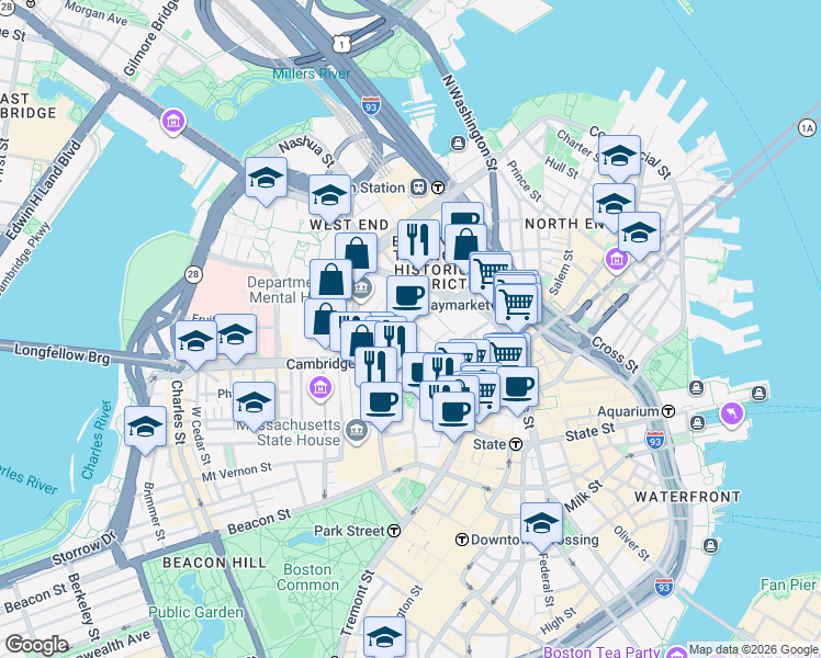 map of restaurants, bars, coffee shops, grocery stores, and more near 30 Hawkins Street in Boston