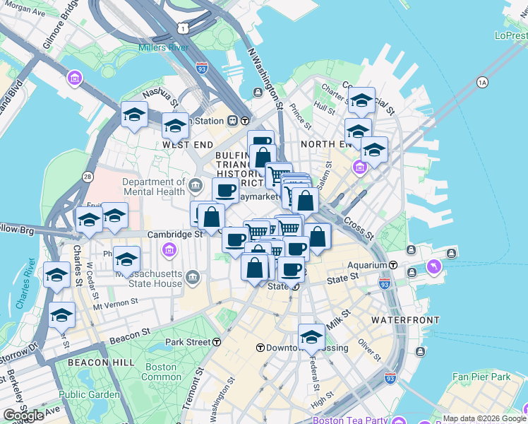 map of restaurants, bars, coffee shops, grocery stores, and more near 110 New Sudbury Street in Boston