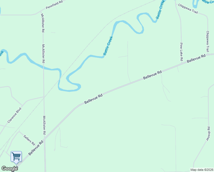 map of restaurants, bars, coffee shops, grocery stores, and more near 9515 Bellevue Road in Battle Creek
