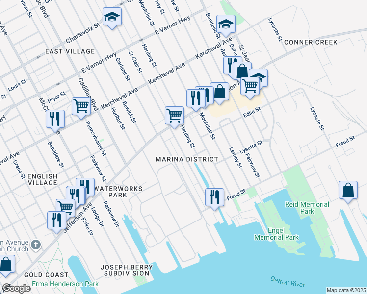 map of restaurants, bars, coffee shops, grocery stores, and more near 699 Saint Clair Street in Detroit