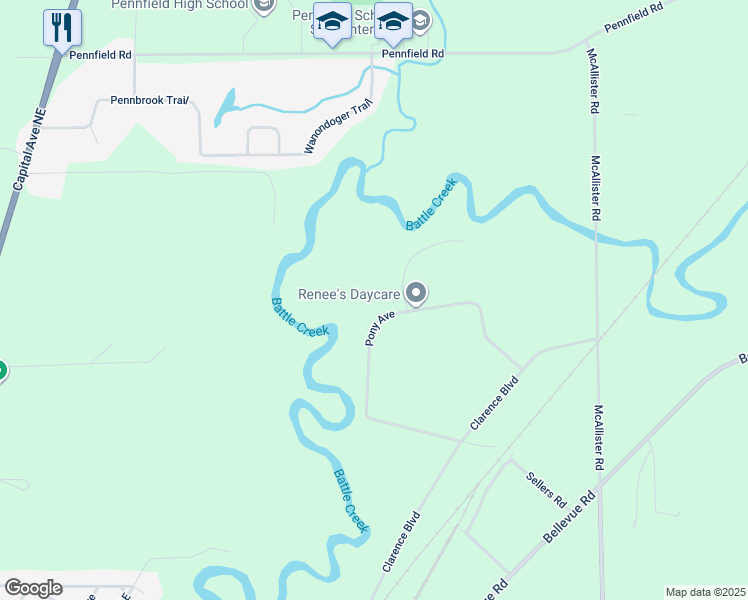 map of restaurants, bars, coffee shops, grocery stores, and more near 300 Pony Avenue in Battle Creek