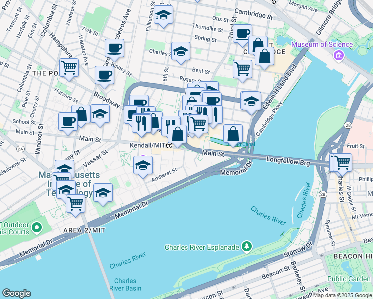 map of restaurants, bars, coffee shops, grocery stores, and more near 204 Main Street in Cambridge