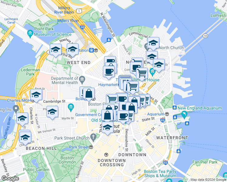 map of restaurants, bars, coffee shops, grocery stores, and more near 25 Sudbury Street in Boston