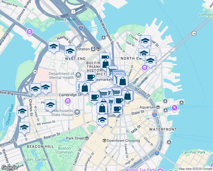 map of restaurants, bars, coffee shops, grocery stores, and more near 25 Sudbury Street in Boston