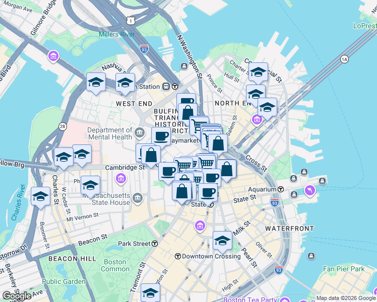 map of restaurants, bars, coffee shops, grocery stores, and more near 25 Sudbury Street in Boston