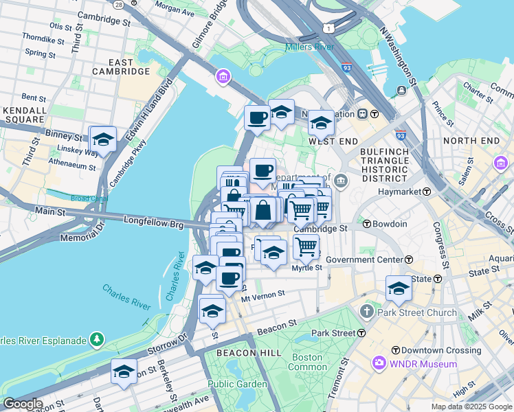 map of restaurants, bars, coffee shops, grocery stores, and more near 275 Cambridge Street in Boston