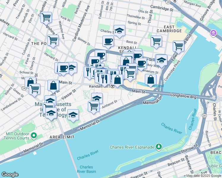 map of restaurants, bars, coffee shops, grocery stores, and more near 25 Carleton Street in Cambridge