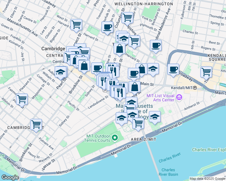 map of restaurants, bars, coffee shops, grocery stores, and more near 233 Massachusetts Avenue in Cambridge