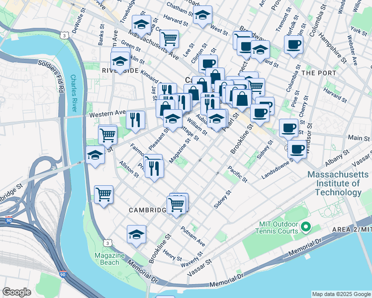 map of restaurants, bars, coffee shops, grocery stores, and more near 29 Lawrence Street in Cambridge