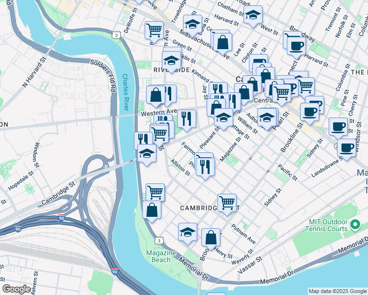 map of restaurants, bars, coffee shops, grocery stores, and more near 25 Andrew Street in Cambridge