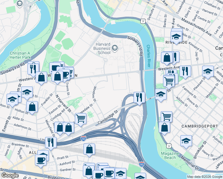 map of restaurants, bars, coffee shops, grocery stores, and more near 115 Cambridge Street in Boston