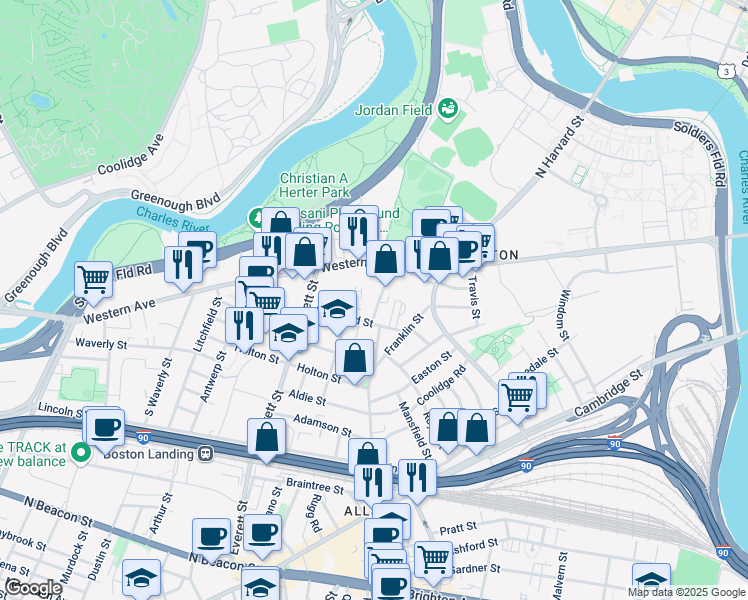 map of restaurants, bars, coffee shops, grocery stores, and more near 57 Riverdale Street in Boston