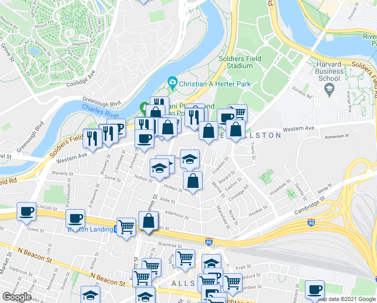 map of restaurants, bars, coffee shops, grocery stores, and more near 17 Raymond Street in Boston