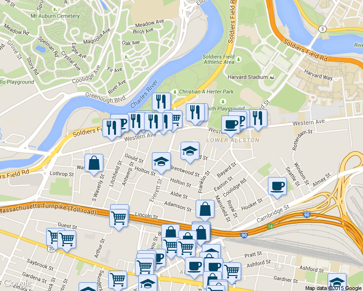 map of restaurants, bars, coffee shops, grocery stores, and more near 17 Raymond Street in Boston