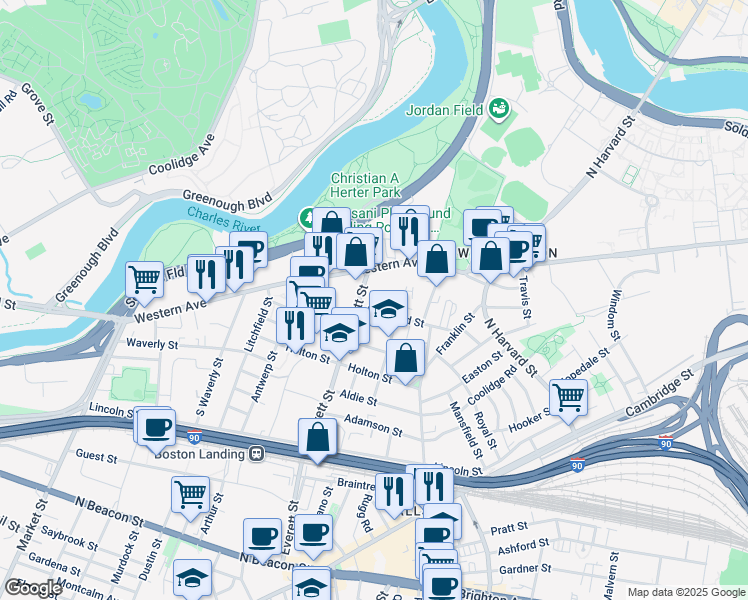 map of restaurants, bars, coffee shops, grocery stores, and more near 17 Raymond Street in Boston
