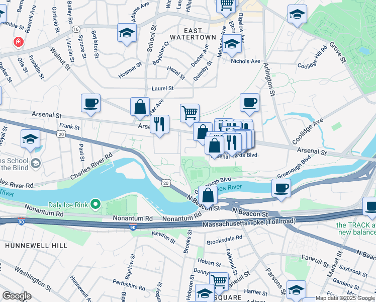 map of restaurants, bars, coffee shops, grocery stores, and more near 400 Talcott Avenue in Watertown