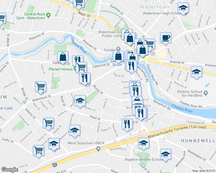 map of restaurants, bars, coffee shops, grocery stores, and more near 105 Union Street in Watertown