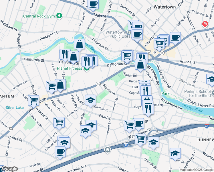 map of restaurants, bars, coffee shops, grocery stores, and more near 119 Boyd Street in Watertown