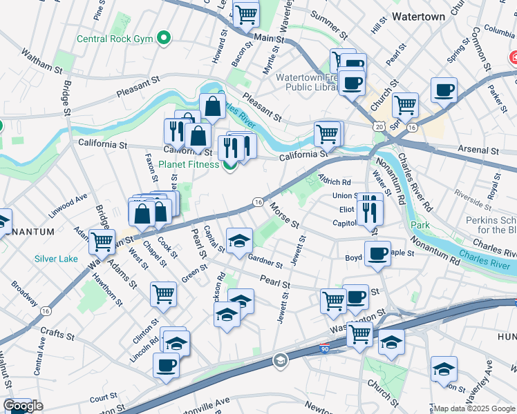 map of restaurants, bars, coffee shops, grocery stores, and more near 20 Theurer Park in Watertown