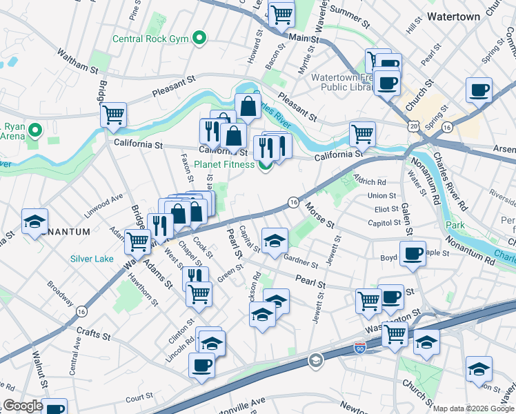 map of restaurants, bars, coffee shops, grocery stores, and more near 67 Pond Avenue in Newton