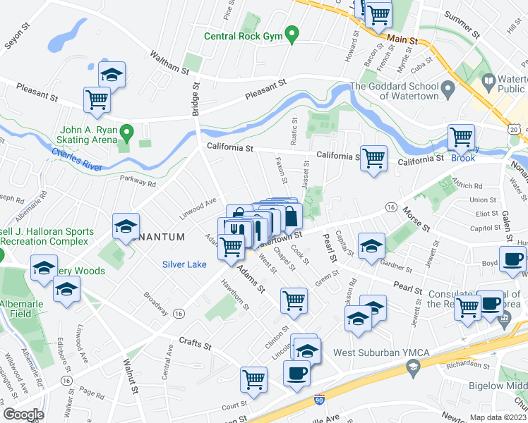 map of restaurants, bars, coffee shops, grocery stores, and more near 112 Chapel Street in Newton